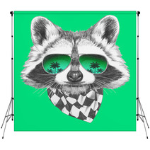 Hand Drawn Portrait Of Raccoon With Mirror Sunglasses And Scarf. Vector Isolated Elements. Backdrops 89439956