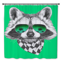 Hand Drawn Portrait Of Raccoon With Mirror Sunglasses And Scarf. Vector Isolated Elements. Bath Decor 89439956