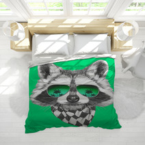Hand Drawn Portrait Of Raccoon With Mirror Sunglasses And Scarf. Vector Isolated Elements. Bedding 89439956