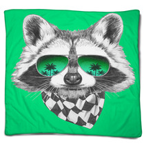 Hand Drawn Portrait Of Raccoon With Mirror Sunglasses And Scarf. Vector Isolated Elements. Blankets 89439956