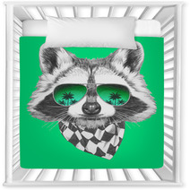 Hand Drawn Portrait Of Raccoon With Mirror Sunglasses And Scarf. Vector Isolated Elements. Nursery Decor 89439956