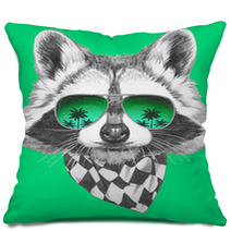 Hand Drawn Portrait Of Raccoon With Mirror Sunglasses And Scarf. Vector Isolated Elements. Pillows 89439956