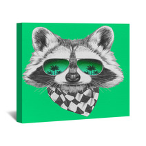 Hand Drawn Portrait Of Raccoon With Mirror Sunglasses And Scarf. Vector Isolated Elements. Wall Art 89439956