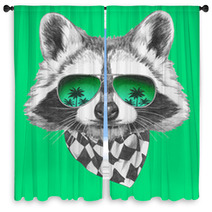 Hand Drawn Portrait Of Raccoon With Mirror Sunglasses And Scarf. Vector Isolated Elements. Window Curtains 89439956