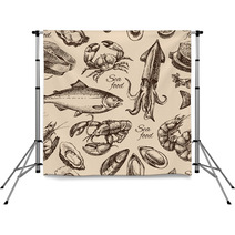 Hand Drawn Sketch Seafood Seamless Pattern. Vintage Style Vector Backdrops 88913728