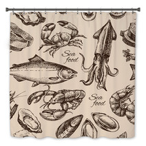 Hand Drawn Sketch Seafood Seamless Pattern. Vintage Style Vector Bath Decor 88913728