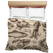 Hand Drawn Sketch Seafood Seamless Pattern. Vintage Style Vector Bedding 88913728