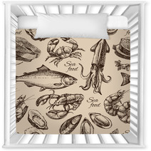 Hand Drawn Sketch Seafood Seamless Pattern. Vintage Style Vector Nursery Decor 88913728