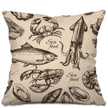 Hand Drawn Sketch Seafood Seamless Pattern. Vintage Style Vector Pillows 88913728