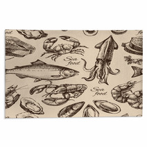 Hand Drawn Sketch Seafood Seamless Pattern. Vintage Style Vector Rugs 88913728