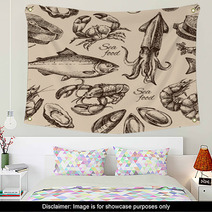 Hand Drawn Sketch Seafood Seamless Pattern. Vintage Style Vector Wall Art 88913728
