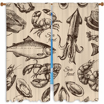 Hand Drawn Sketch Seafood Seamless Pattern. Vintage Style Vector Window Curtains 88913728