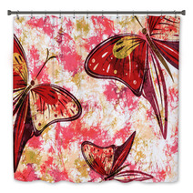 Hand Drawn Textured Artistic Floral Background With Insect Creative Wallpaper With Butterflies In Red Colors Decorative Pattern Horizontal Banner Series Of Drawn Artistic Creative Backgrounds Bath Decor 114312763
