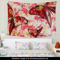 Hand Drawn Textured Artistic Floral Background With Insect Creative Wallpaper With Butterflies In Red Colors Decorative Pattern Horizontal Banner Series Of Drawn Artistic Creative Backgrounds Wall Art 114312763