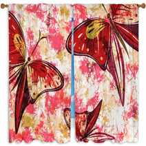 Hand Drawn Textured Artistic Floral Background With Insect Creative Wallpaper With Butterflies In Red Colors Decorative Pattern Horizontal Banner Series Of Drawn Artistic Creative Backgrounds Window Curtains 114312763
