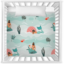 Hand Drawn Vector Abstract Cartoon Graphic Summer Time Underwater Illustrations Seamless Pattern With Jellyfish Fishes And Beauty Bohemian Mermaid Girls Characters Isolated On White Background Nursery Decor 208241709