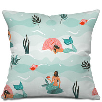 Hand Drawn Vector Abstract Cartoon Graphic Summer Time Underwater Illustrations Seamless Pattern With Jellyfish Fishes And Beauty Bohemian Mermaid Girls Characters Isolated On White Background Pillows 208241709