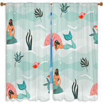 Hand Drawn Vector Abstract Cartoon Graphic Summer Time Underwater Illustrations Seamless Pattern With Jellyfish Fishes And Beauty Bohemian Mermaid Girls Characters Isolated On White Background Window Curtains 208241709
