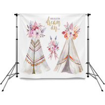 Hand Drawn Watercolor Tribal Teepee Isolated Campsite Tent Boho America Traditional Native Ornament Wigwam Indian Bohemian Decoration Tee Pee With Arrows And Feathers Backdrops 180861946