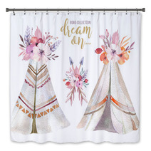 Hand Drawn Watercolor Tribal Teepee Isolated Campsite Tent Boho America Traditional Native Ornament Wigwam Indian Bohemian Decoration Tee Pee With Arrows And Feathers Bath Decor 180861946