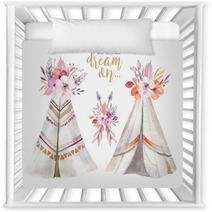 Hand Drawn Watercolor Tribal Teepee Isolated Campsite Tent Boho America Traditional Native Ornament Wigwam Indian Bohemian Decoration Tee Pee With Arrows And Feathers Nursery Decor 180861946