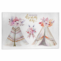 Hand Drawn Watercolor Tribal Teepee Isolated Campsite Tent Boho America Traditional Native Ornament Wigwam Indian Bohemian Decoration Tee Pee With Arrows And Feathers Rugs 180861946