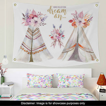 Hand Drawn Watercolor Tribal Teepee Isolated Campsite Tent Boho America Traditional Native Ornament Wigwam Indian Bohemian Decoration Tee Pee With Arrows And Feathers Wall Art 180861946