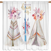 Hand Drawn Watercolor Tribal Teepee Isolated Campsite Tent Boho America Traditional Native Ornament Wigwam Indian Bohemian Decoration Tee Pee With Arrows And Feathers Window Curtains 180861946