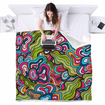 Hand-drawn Waves Floral Pattern, Abstract Green Leaves And Flowe Blankets 70670843