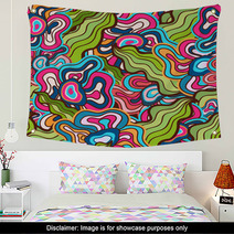 Hand-drawn Waves Floral Pattern, Abstract Green Leaves And Flowe Wall Art 70670843