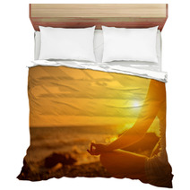 Hand Of  Woman Meditating In A Yoga Pose On Beach At Sunset Bedding 62847043