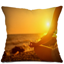 Hand Of  Woman Meditating In A Yoga Pose On Beach At Sunset Pillows 62847043