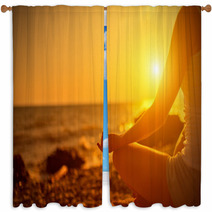 Hand Of  Woman Meditating In A Yoga Pose On Beach At Sunset Window Curtains 62847043