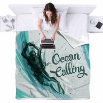 Hand Painted Diver On Abstract Background Blankets 104181202