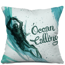 Hand Painted Diver On Abstract Background Pillows 104181202