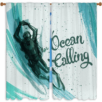 Hand Painted Diver On Abstract Background Window Curtains 104181202