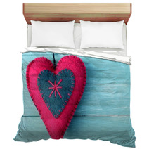Handmade Felt Heart On Pastel Wooden Plank Bedding 58834694