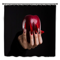 Hands With Scary Nails Manicure Holding Poisoned Red Apple Isolated On Black Background Bath Decor 135127741
