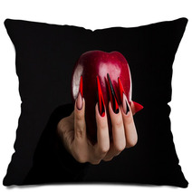 Hands With Scary Nails Manicure Holding Poisoned Red Apple Isolated On Black Background Pillows 135127741
