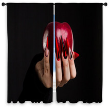 Hands With Scary Nails Manicure Holding Poisoned Red Apple Isolated On Black Background Window Curtains 135127741