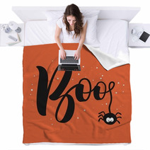 Hanging Word Boo Text With Spider Happy Halloween Greeting Card Blankets 171542351