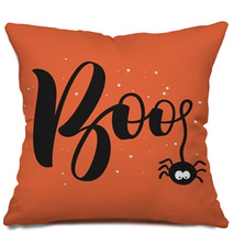 Hanging Word Boo Text With Spider Happy Halloween Greeting Card Pillows 171542351