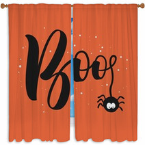 Hanging Word Boo Text With Spider Happy Halloween Greeting Card Window Curtains 171542351