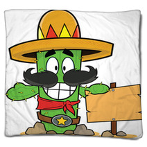 Happy Cartoon Cactus Holding Sign Blankets 60591004