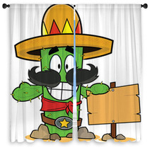 Happy Cartoon Cactus Holding Sign Window Curtains 60591004