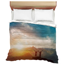 Happy Couple Together On The Peak Of A Mountain At Sunset Bedding 62334764
