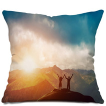 Happy Couple Together On The Peak Of A Mountain At Sunset Pillows 62334764