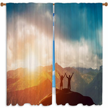 Happy Couple Together On The Peak Of A Mountain At Sunset Window Curtains 62334764
