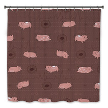 Happy Pink Piggies With White Patterns And Brown Background Bath Decor 85809212
