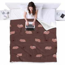 Happy Pink Piggies With White Patterns And Brown Background Blankets 85809212